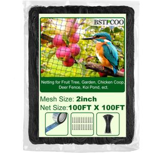 BSTPCOO Chicken Netting Roof Hawk 100'x100' with 2" Mesh, Heavy Duty Bird Nettings for Garden with Birds Scare Tape, Nylon Bird Netting for Chicken Coop, Avian Nettings Deer Fence Fruit Tree Net