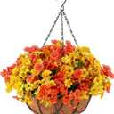 Beeveer Artificial Fall Hanging Flowers Basket for Outdoor Decoration Faux Orchid Arrangement Porch Plants Coconut Lining Basket for Autumn Courtyard Decor(Elegant Color, 1 Pack) (Yellow, Orange)