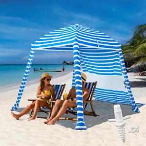 Grandekor Upgraded 6'×6' Pop Up Beach Canopy Tent Bold Blue White Stripe | Beach Cabana for Family & Kids UPF 50+ Sun Shelter for Pool Camping with Sand Anchor Sidewall, 6x6