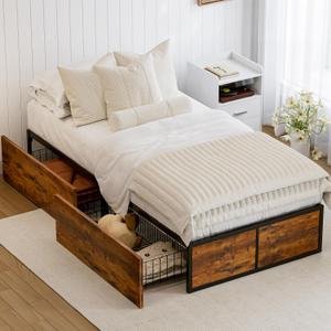 GAZHOME Twin Bed Frame with 2 XL Storage Drawers, Metal Platform Bed Frame with Footboard, 9 Strong Metal Slat Support/No Box Spring Needed/Easy Assembly/Space Saving Wood