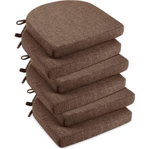 downluxe Indoor Chair Cushions for Dining Chairs, Soft and Comfortable Textured Foam Kitchen Chair Pads with Ties and Non-Slip Backing, 16" x 16" x 2", Brown, 6 Pack