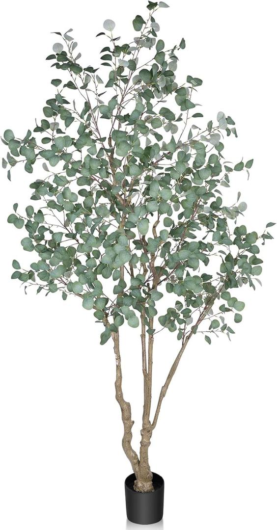 8FT Artificial Eucalyptus Tree Indoor, Tall Faux Eucalyptus Plant with Pre-Potted Realistic Silk Leaves and Trunk, Fake Eucalyptus Tree for Office Living Room Bedroom Foyer Porch Home Corner Decor , Black 