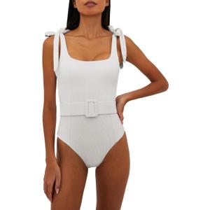 Saodimallsu Womens Sexy One Piece Bathing Suit High Cut Knit Square Neck Tied Strappy Swimsuit with Belt, Large, White 