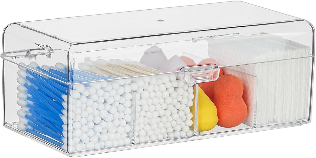 Clear Acrylic Qtip Holder Dispenser with Lid, 4-Compartment Cotton Ball Holder for Cotton Pads, Q-Tips, Makeup Sponges, Transparent athroom Canisters for Bathroom, Bedroom, or Vanity Countertop