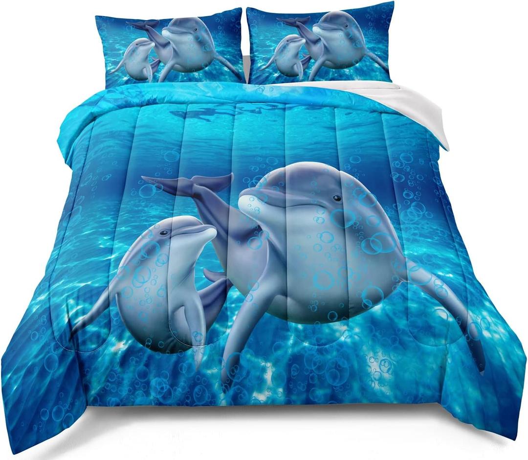 BDUCOK Dolphin Bedding Set - Cute Dolphin Jumping Blue Ocean Animal Themed Comforter Set for Kids Boys Girls - Twin Size - 1 Comforter with 1 Pillowcases