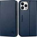 SHIELDON Case for iPhone 13 Pro 6.1", Genuine Leather Wallet Folio Case RFID Blocking Card Holder Kickstand Shock Absorbing Protection Cover Compatible with iPhone 13 Pro 5G - Navy Blue