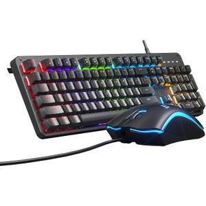Taiahiro Mechanical Gaming Keyboard and Mouse, Full Anti-Ghosting, Wired Keyboard with Mouse Pad, 104-Key Full Size Rainbow Backlit Computer Keyboard with Blue Switch, Black