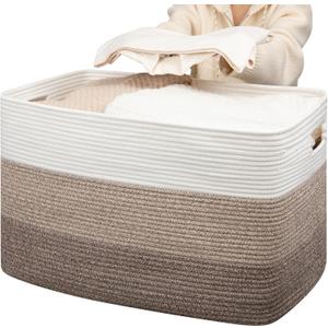OIAHOMY 118L Extra Large Blanket Basket, Rectangle Woven Cotton Rope Storage Basket,Used for storing Dirty Clothes, Stuffed Animal Toy Storage for Living Room,Kids Room,25" x 17" x 16", Gradient Brown
