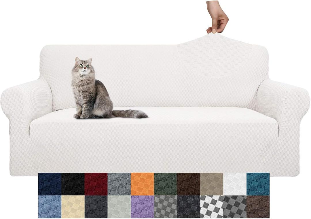YEMYHOM Couch Cover Latest Jacquard Design High Stretch Sofa Covers for 3 Cushion Couch, Pet Dog Cat Proof Slipcover Non Slip Magic Elastic Furniture Protector (Large, White) (Large (71"-91"))