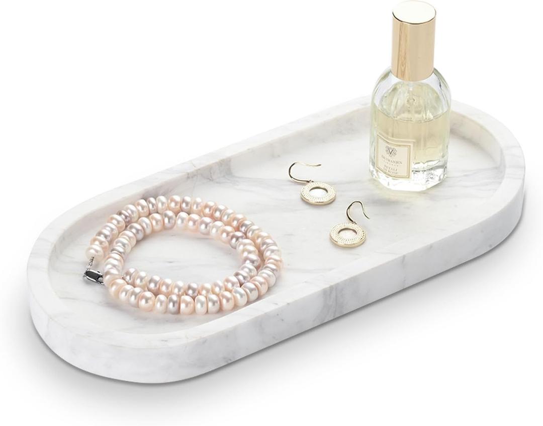 Oval Bathroom Vanity Tray, Large Natural Marble Tray 10 inch, Volakas White Stone Soap Trays, Modern Perfume Trays, Countertop Organizer for Kitchen, Coffee Table, Home Decor