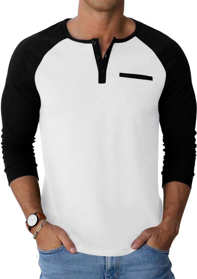 Runcati Mens Henley Shirts Raglan Long Sleeve Casual T-Shirts Color Block Button Shirt Vintage Tops with Pocket (XX-Large)