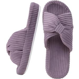 Enteer Platform Corduroy Slippers for Women, Memory Foam Slides with Arch Support, Cozy Crossband Bow Slippers, Non-Slip Indoor Outdoor Bedroom Shoes (Purple)