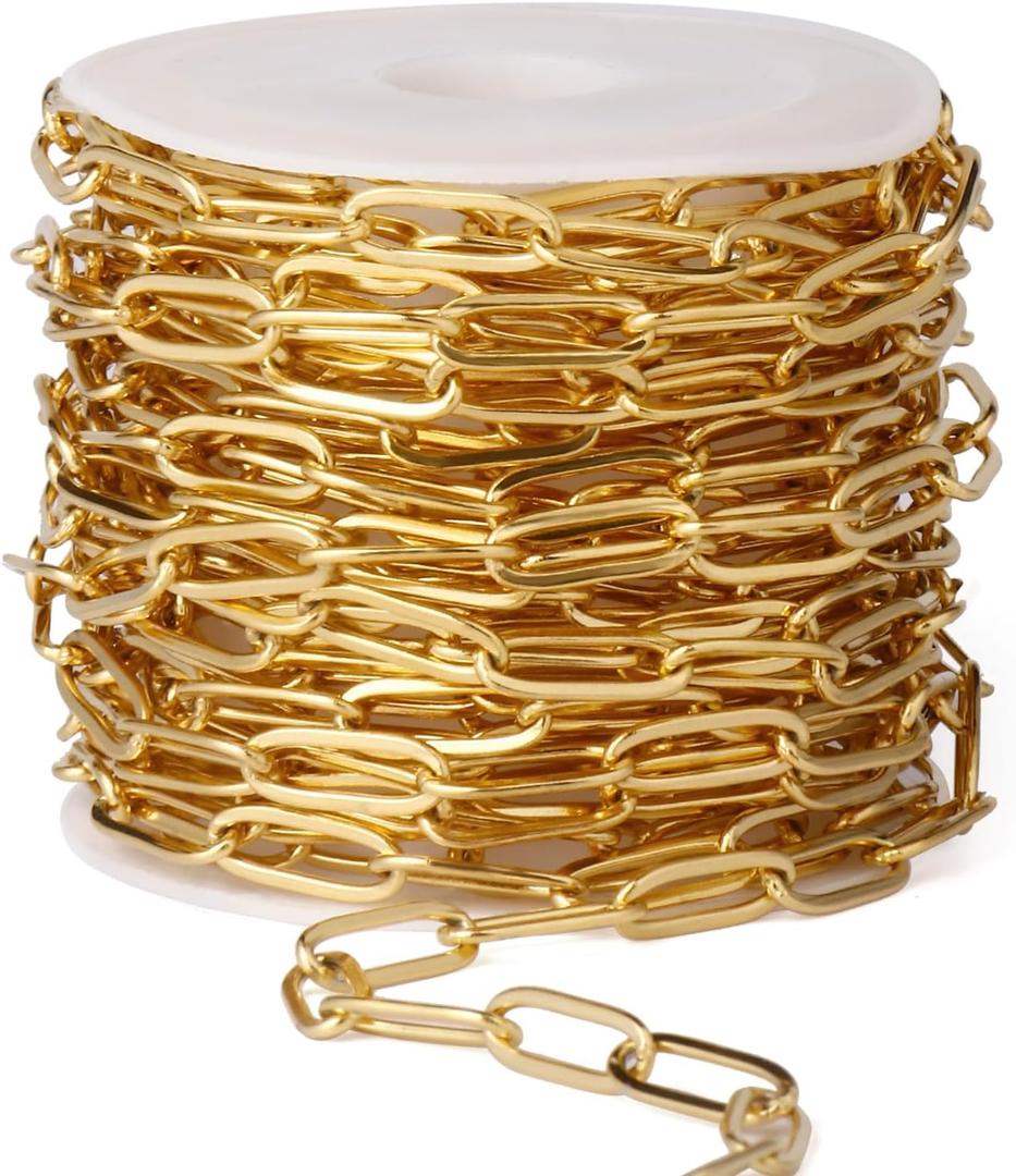 [16.5 Ft] Stainless Steel Paperclip Chains Roll, 4.3mm Width 18K Gold PVD Plated Stainless Steel Oval Link Chains Spool Bulk for Jewelry Making