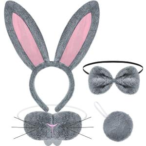 Norme Halloween Bunny Costume Accessories Set Bunny Nose Tail Tie and Ears for Halloween Party Cosplay (Gray, Pink)