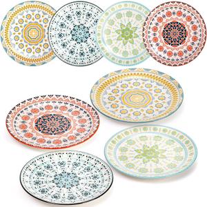 Foraineam 8 Pieces 8 Inch Round Porcelain Salad Plates, Decorative Appetizer Plates Dessert Dishes, Colorful Floral Serving Dishes for Luncheon, Steak, Fruit, Snack, Microwave and Dishwasher Safe
