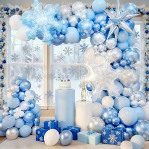 Snowflake Balloon Arch Garland Kit,Frozen Balloon Arch Kit with Blue Metallic Silver White Snowflake Balloons for Winter Wonderland Christmas Baby Shower Snow Princess Birthday Party Decorations