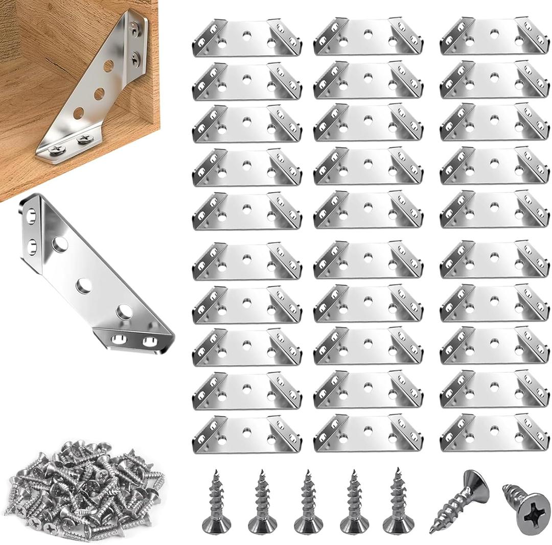 30 Pack Stainless Steel Furniture Corner Connector, Corner Brackets for Furniture Wood,Trapeziform Corner Brace with 140pcs Screws for Cabinets, Tables, Chairs, Drawers, Cupboards