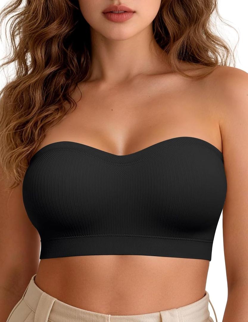 Vertvie Women Strapless Bra Seamless Push Up Bandeau Supportive Tube Top Comfortable Padded Bralette(Black,Large,Rib Knit) (Black, XL)
