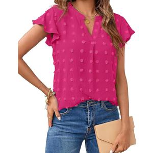 MEROKEETY Women 2025 Summer V Neck Ruffle Short Sleeve Blouse Swiss Dot Flowy Shirt Tunic Top XS