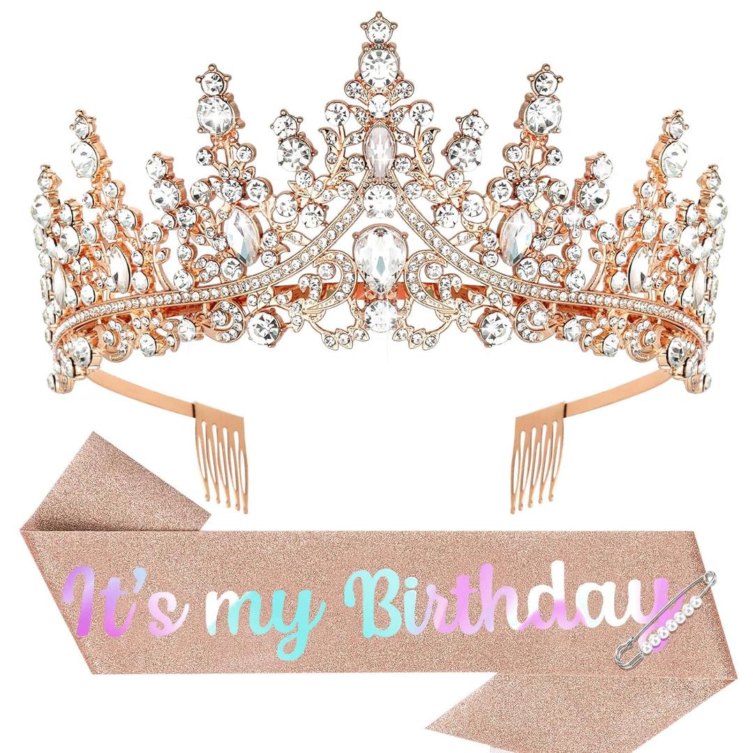 Birthday Crown Adult Woman & Glitter It's My Birthday Sash for Women Birthday Tiara for Women Princess Tiara Birthday Hat Birthday Headband for Parties Favors Rose Gold Birthday Decorations