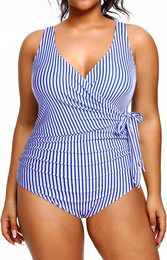 Yonique Plus Size One Piece Swimsuits for Women Tummy Control Bathing Suits Full Coverage Swimwear (22 W, Blue Stripe)