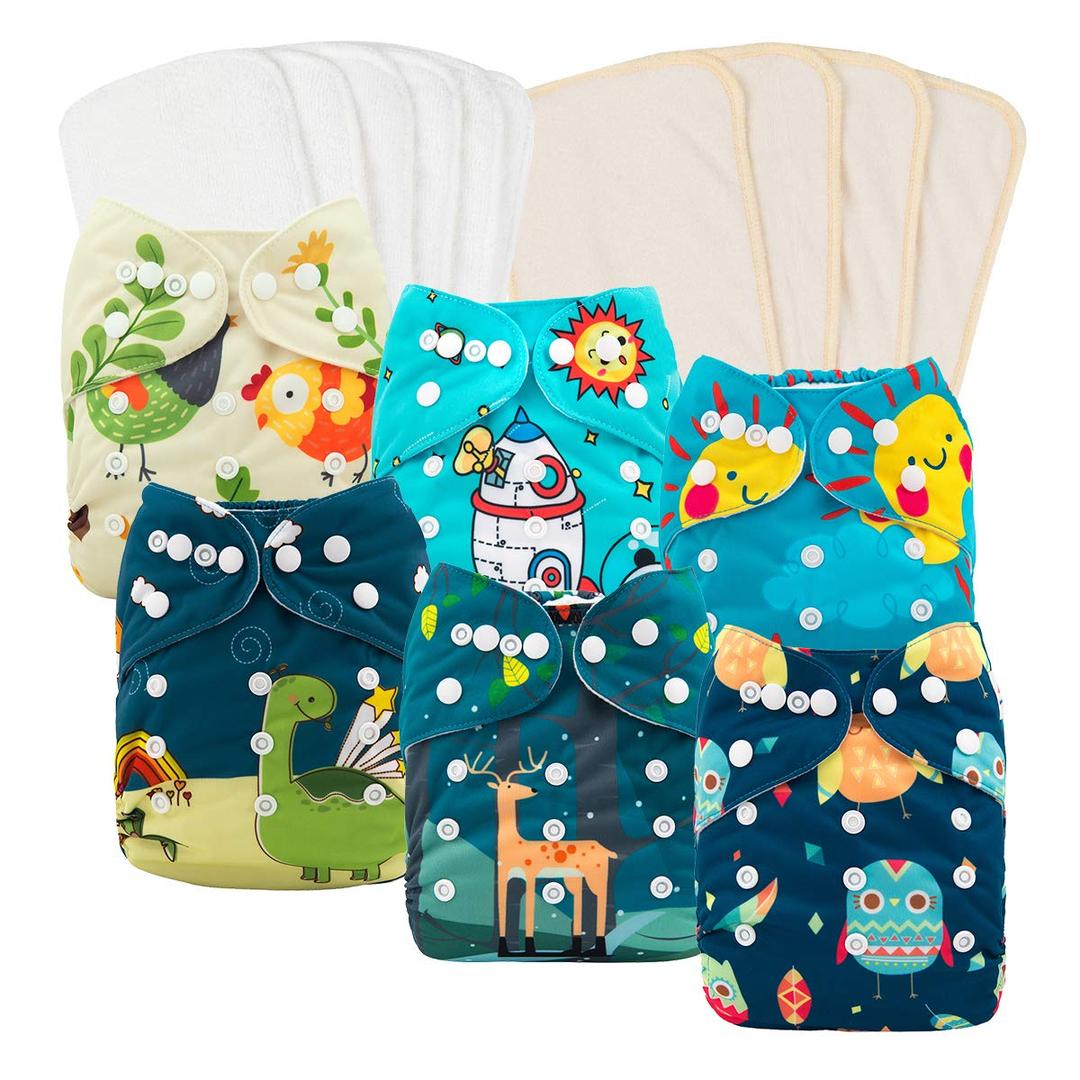 babygoal Reusable Cloth Diapers 6 Pack+6pcs Microfiber Inserts+4pcs Rayon from Bamboo Inserts, One Size Adjustable Washable Pocket Nappy Covers for Baby Boys,Rash-Free (Chick,deer,dinasaur)