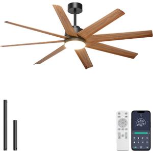 Ohniyou 60'' Ceiling Fan with Light - 8 Blades Modern Farmhouse Ceiling Fan Remote/APP Control, Dimmable, Covered Outdoor Fan for Patio, Living Room, Black+Wood Color