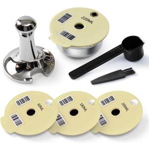 Stainless Steel Reusable Pod for Tassimo-220ML+Extra Lids-200+180+60ML, BENFUCHEN Refillable Pod Stainless Steel for Bosch Tassimo Coffee Machine, with a Coffee Tamper, Off-White Color