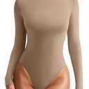 REORIA Women's Long Sleeve Body Suits Crew Neck Slim Double Lined Basic Layering Bodysuits Fall Going Out Tops Winter Outfits 2025(Khaki XL