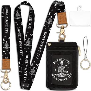 Goth Skeleton Lanyard Wallet with ID Badge Holder, Small RFID Wallet Women Keychain Wristlet, Slim Credit Card Holder with Zipper Pocket Phone Lanyard Wrist Strap Name Tag Office Teacher Gift