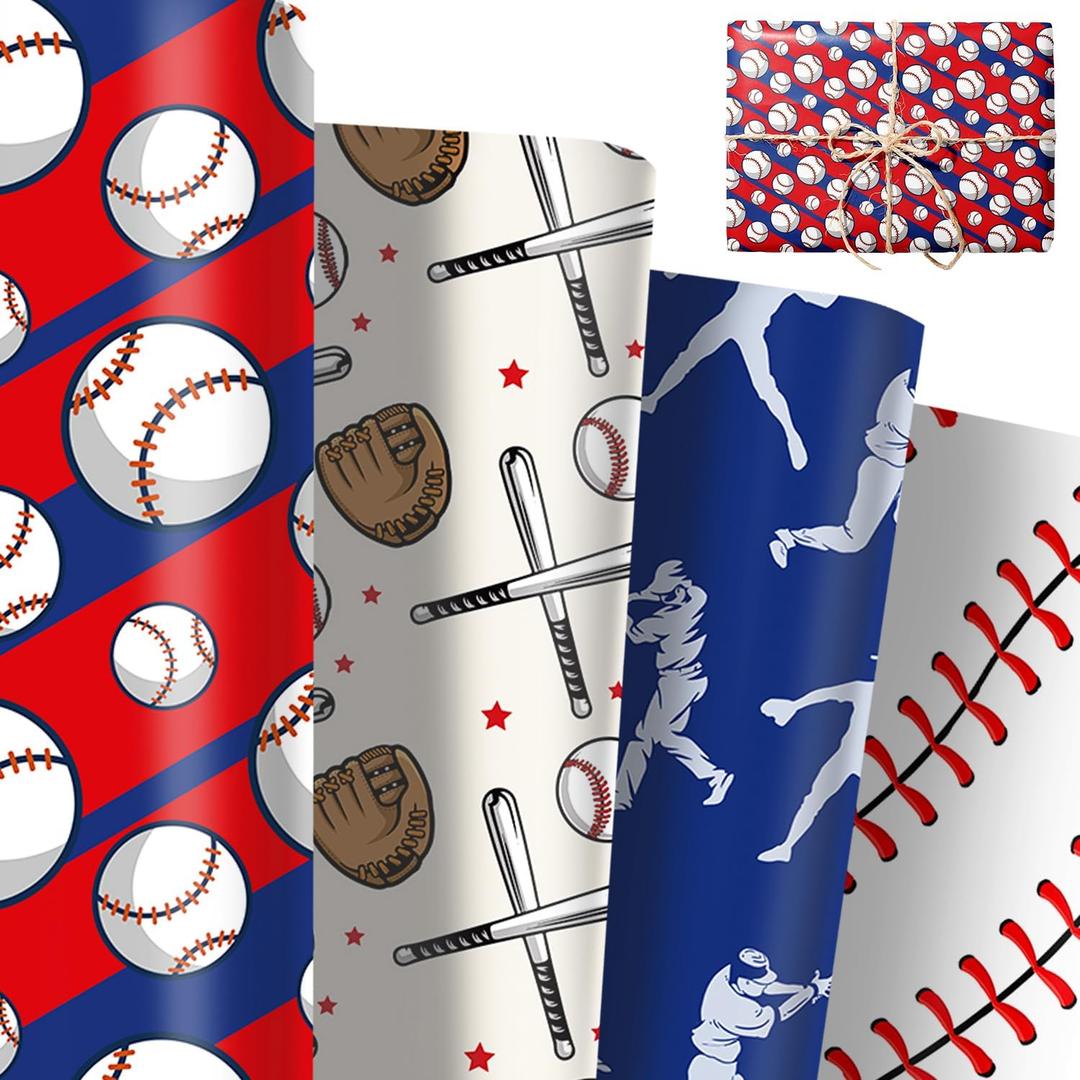12 Sheets Baseball Wrapping Paper 20" x 27" Sports Theme Gift Wrap Paper Folded Baseball Gloves Patterns Paper for Christmas Holiday Birthday Party DIY Crafts Present Wrapping