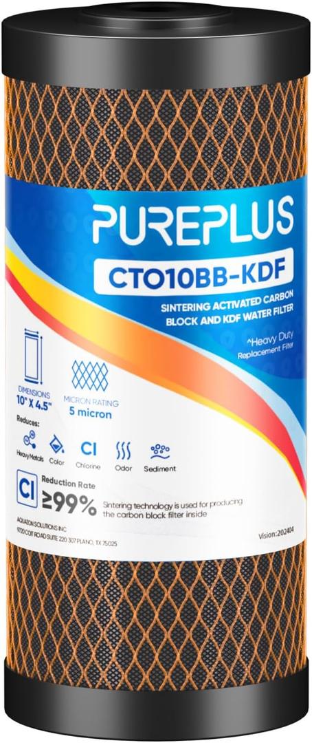 PUREPLUS 5 Micron 10" x 4.5" Whole House Coconut Shell Activated Carbon and KDF Water Filter, Heavy Metal Removal Replacement Water Filter, Compatible with GXWH40L, GXWH35F, BB10, CTO10BB-KDF, 1 PACK