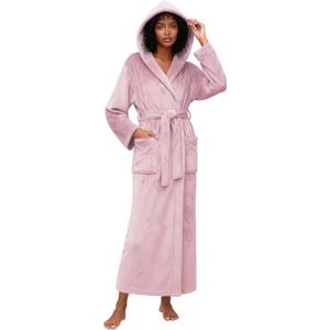 HEARTNICE Womens Long Hooded Robe, Soft Warm Fleece Bathrobes Full Length Plush House Coat (Small-Medium, Dusty Pink)