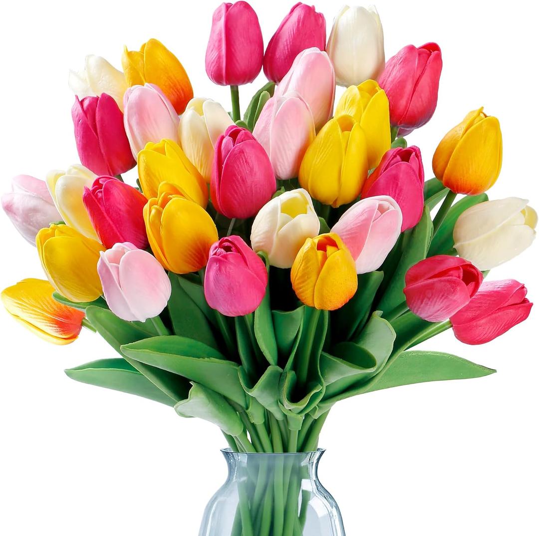 Sggvecsy 15 Pcs Fake Tulips Artificial Flowers Real Touch PU Faux Flowers Tulip Stems for Wedding Spring Bouquet Floral Arrangement Home Office Party Decorations for Mother's Day