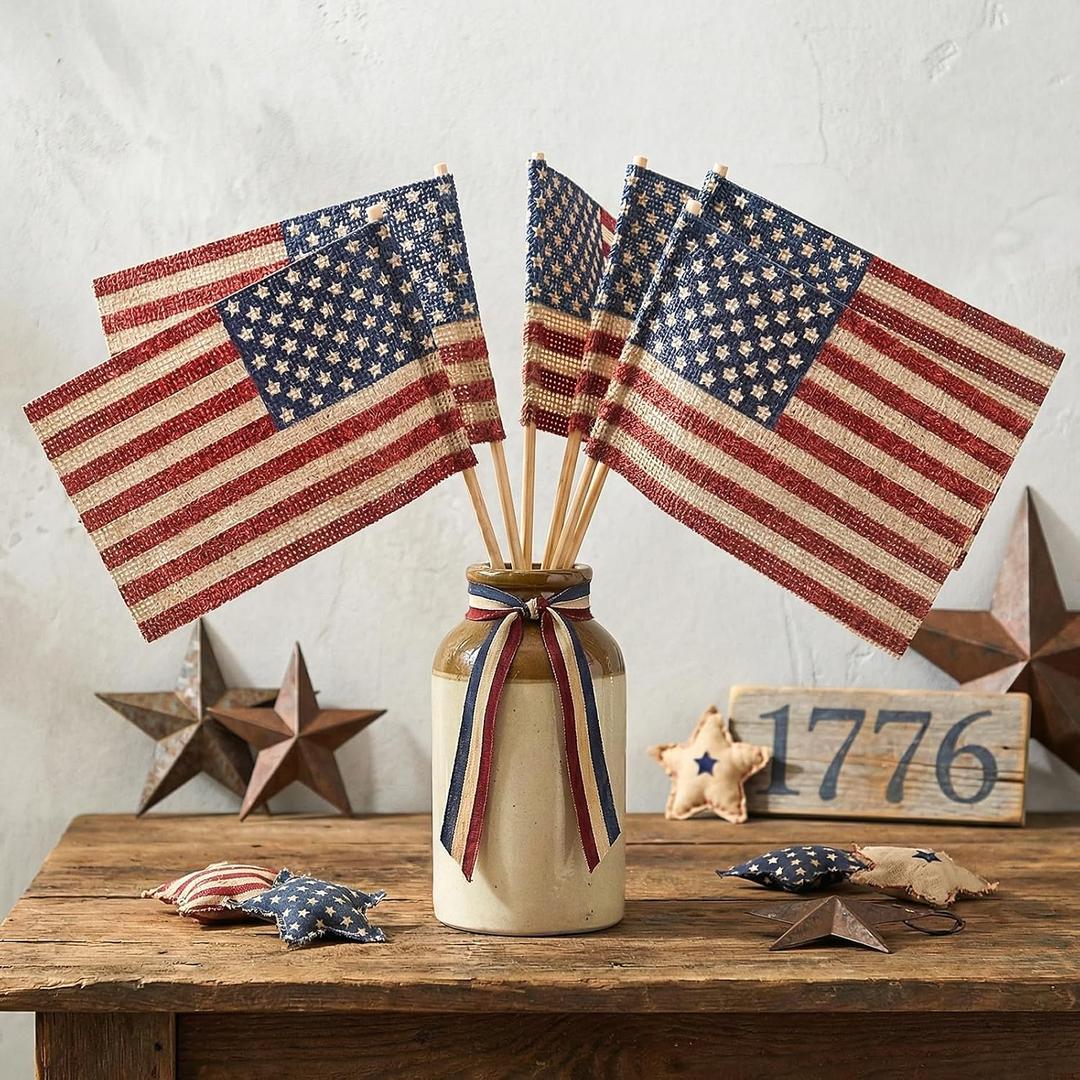 4th of July Decorations, 6 Pcs Rustic Burlap Handmade American Flag Picks, Vintage Red White Blue Fourth of July Decorations, 250th Anniversary Independence Day Patriotic Decor
