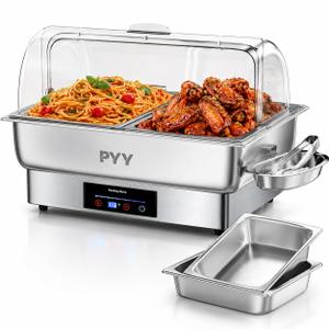PYY Electric Chafing Dish for Buffet, 400W Stainless Steel Buffet Server and Warmer with Digital Touch Control, Clear Roll-Top Lid and 2 Half-Size Pans with Handles and Tray