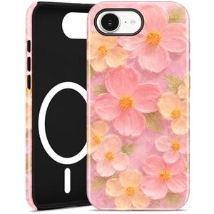 Jusy Compatible with MagSafe Floral Case for iPhone 14 Pro, Aesthetic Oil Painting Flower Magnetic Phone Case, Soft TPU and Hard PC Protective Cover for Women Girls (Shiny) - Pink Flower