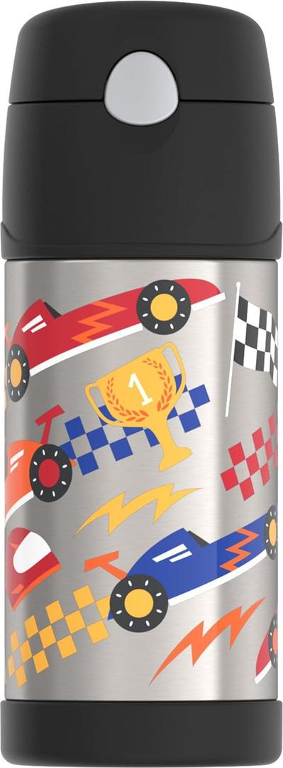 THERMOS FUNTAINER Water Bottle with Straw - 12 Ounce, Hot Rods - Kids Stainless Steel Vacuum Insulated Water Bottle with Lid