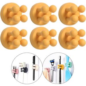 Silicone Toothbrush Holders - 6Pcs Razor Hooks Adhesive Wall Mounted for Hanging Towel Key Plug Cable, Utility Decor Stick to Dorm Room Door Function for Kitchen Bathroom Home Office, Yellow