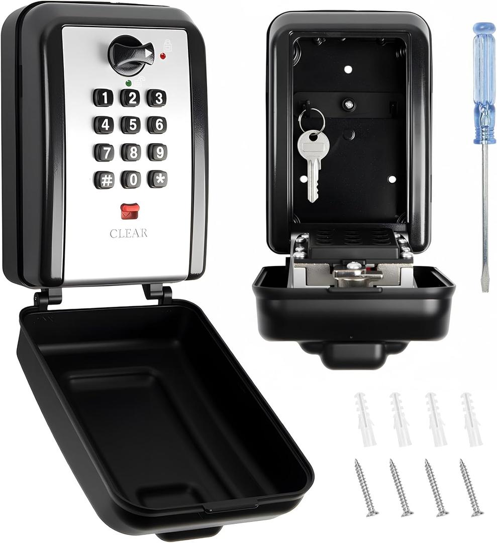 Wall Mount Key Lock Box with 12-Digit Resettable Combination, Weatherproof Outdoor Key Safe, Large-Capacity Code Lock for Home/Office/Garage/Real-Estate, Heavy-Duty Metal, Includes Mounting Hardware