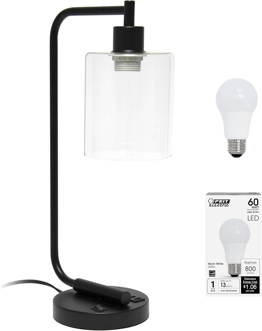 Simple Designs LD1066-BLK-LB Industrial Vintage Bronson Iron Lantern Desk Table Lamp with USB Port and Glass Cylinder Shade for Office, Living Room, Bedroom, Black, with Feit LED Bulb Included