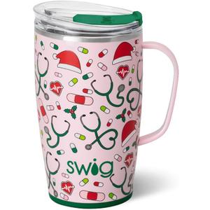 Swig Life 18oz Travel Mug, Insulated Tumbler with Handle and Lid, Travel Coffee Mug, Cup Holder Friendly, Stainless Steel 18 oz Tumbler, Reusable Insulated with Lid (Santa's Scrubs)