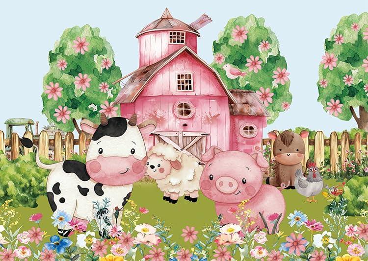 7x5ft Farm Animals Party Backdrop Pink Barn Farm Photography Background for Girls Birthday Party Baby Shower Banner Farm Animals Cows Pigs Barnyard Decorations Cake Table Photo Booth Props