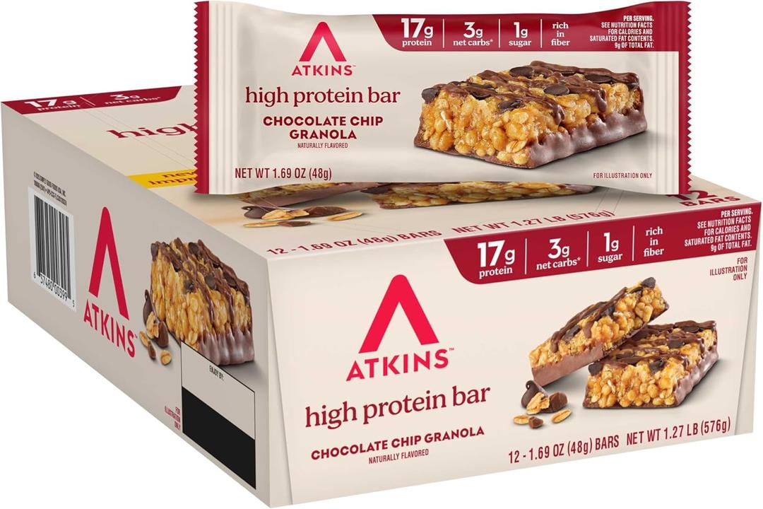 Atkins Chocolate Chip Granola Protein Bar, High Fiber, Low Sugar, 17g Protein, 3g Net Carb, High Protein Bars, Keto Friendly, 12 Count