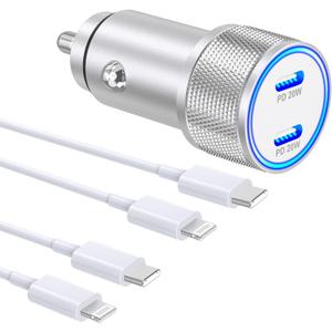 [MFi Certified] iPhone Fast Car Charger, IDiSONCABLE 40W 2-Port PD 3.0 USB C Car Charger All Metal Cigarette Lighter Adapter with 2 Pack Type C to Lightning Cable for iPhone/iPad/Airpods Pro