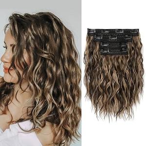 REECHO Clip in Hair Extensions - 4PCS 12" Short Curly Wavy Brown with Highlights