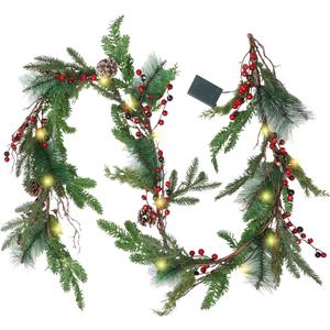 winemana 6 FT Pre-lit Artificial Christmas Garland with 20 LED Lights, Battery Powered with Pine Cones, Red Berries, Pine Needles, Lighted Christmas Garlands for Fireplace Mantle Holiday Decorations