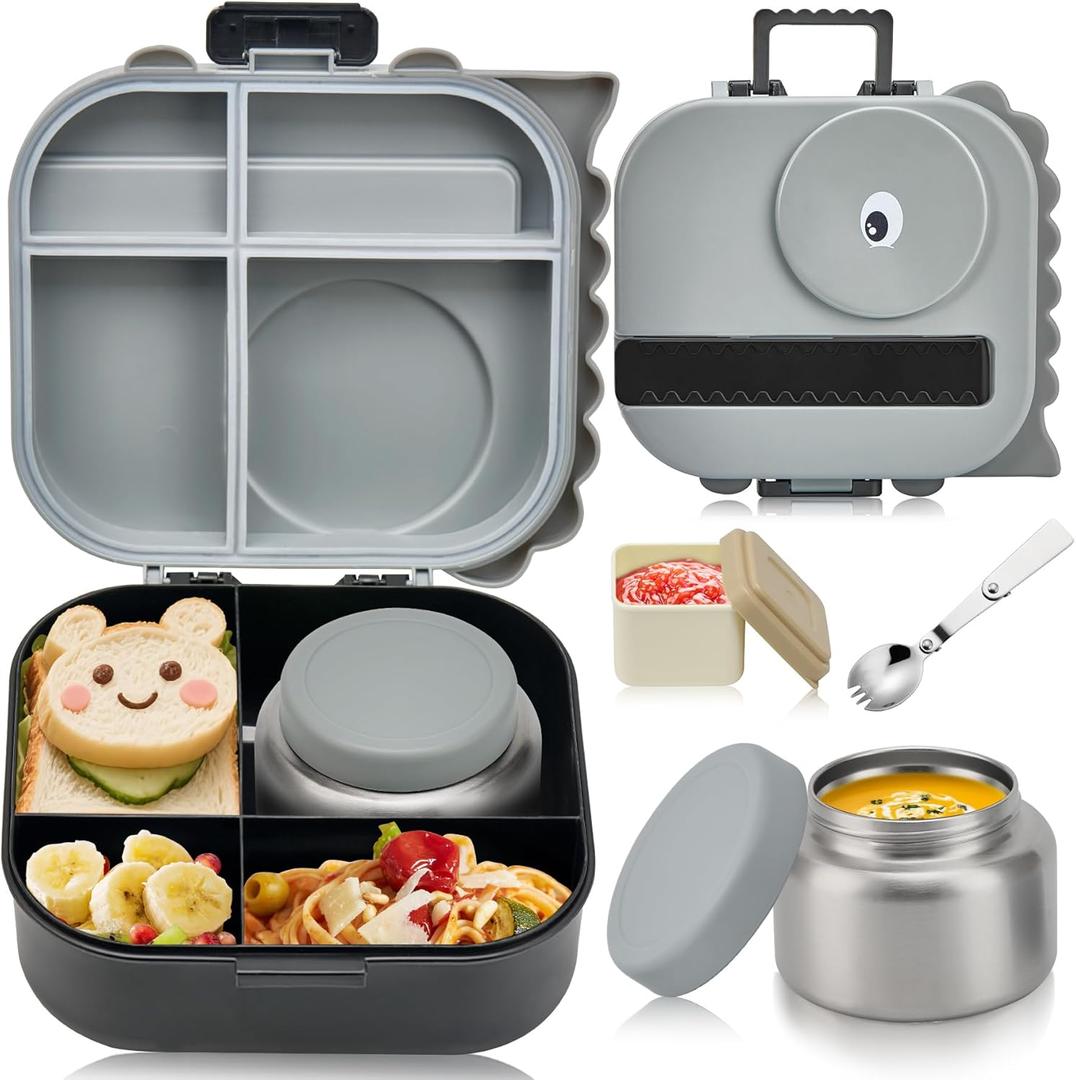 Bento Lunch Box with Thermo, 4-Compartment Bento Box with Adjustable Dividers, Leakproof Dinosaur Lunch Box with 14.2OZ Insulated Food Jar & Sauce Jar, for School Office Travel(Grey) (Gray)