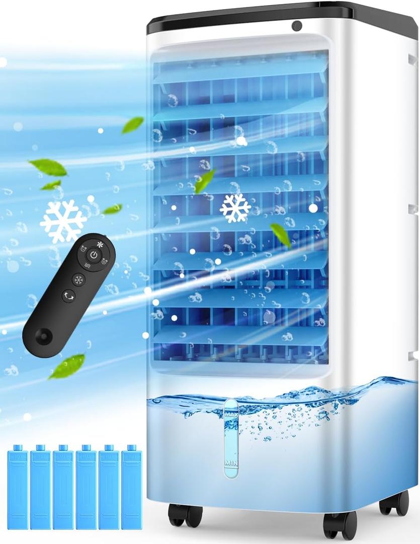Evaporative Air Cooler, Swamp Cooler Air Conditioner w/ 12H Timer for Auto-off, 6 Upgraded Ice Packs, 3-Speed Windowless Air Conditioner, Smart Remote, Dual Tank Portable Air Cooler for Room, 11 inches x 10 inches x 22 inches