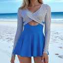 NESY Long Sleeve Swimsuits for Women Rash Guard V Neck One Piece Bathing Suit Swim Dress Woman Swimwear Swimdress UPF 50+ (Blue, M)